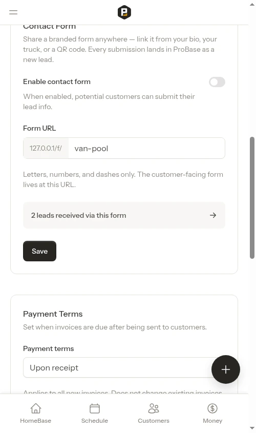 Contact Form section before it has been enabled