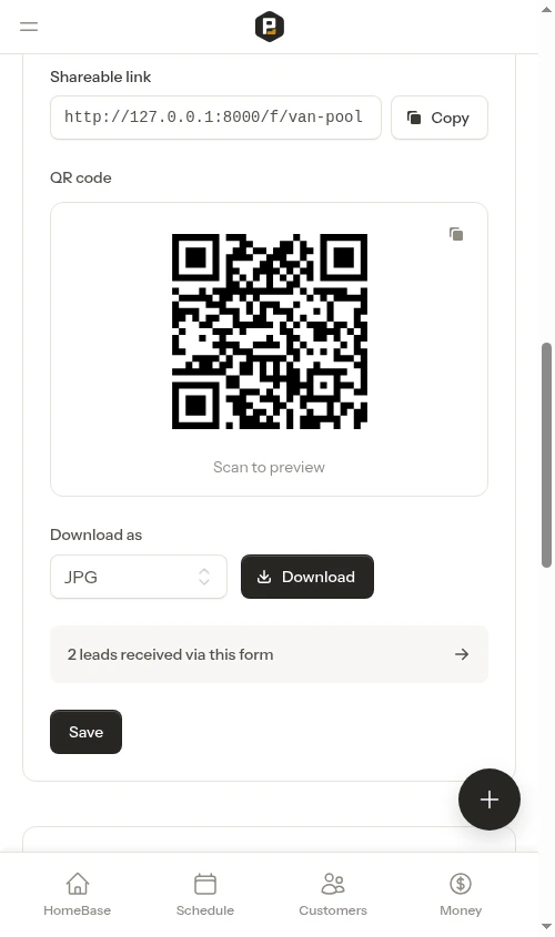 Contact Form section with the toggle enabled and a URL entered