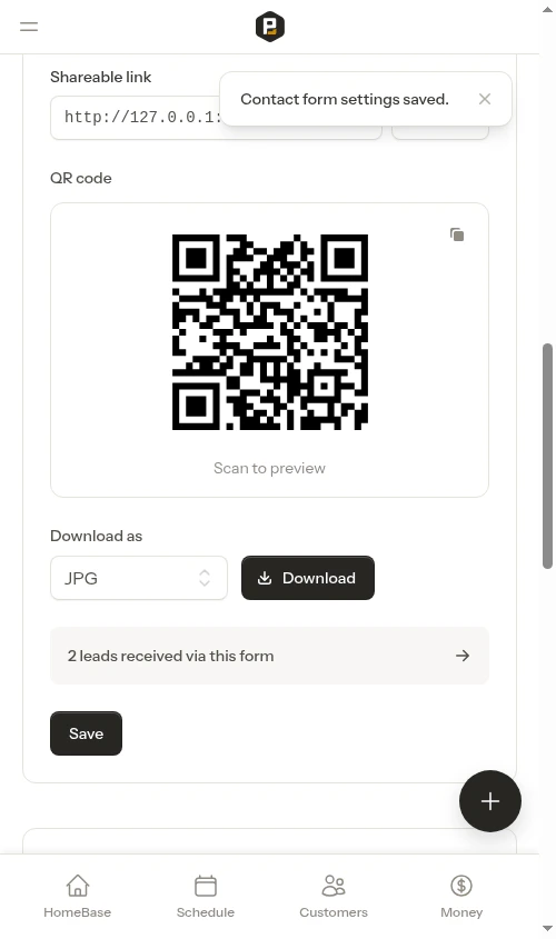 Contact Form settings after saving, showing the shareable link and QR code