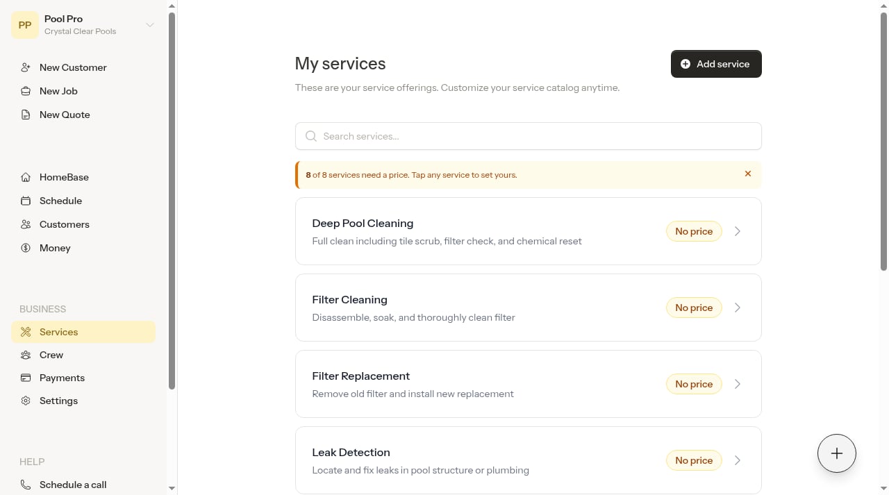 Pool service offerings created after onboarding