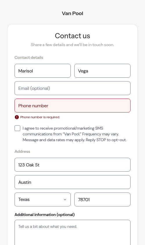 The form pointing out a missing phone number