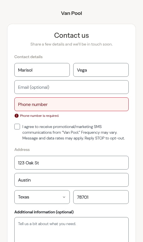 The form pointing out a missing phone number
