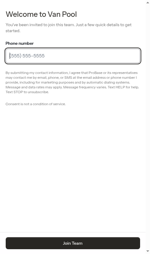 Join team page with phone number field