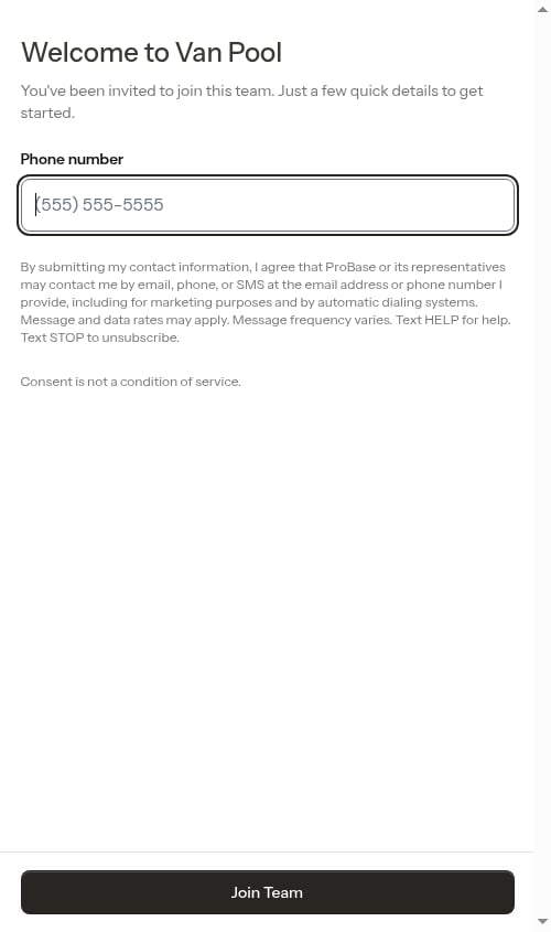 Join team page with phone number field