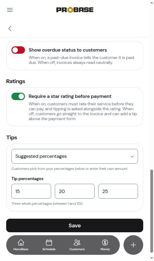 The Show overdue status to customers switch, turned off