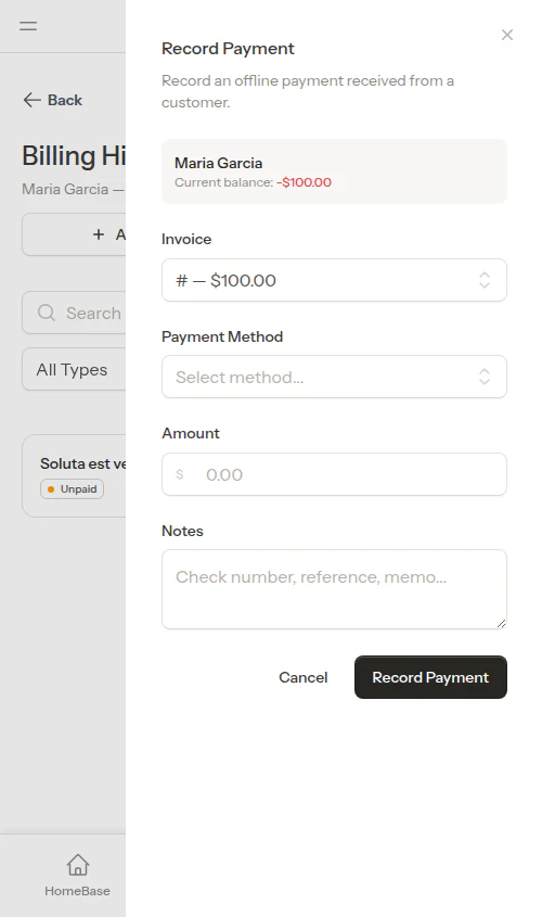 Record payment flyout