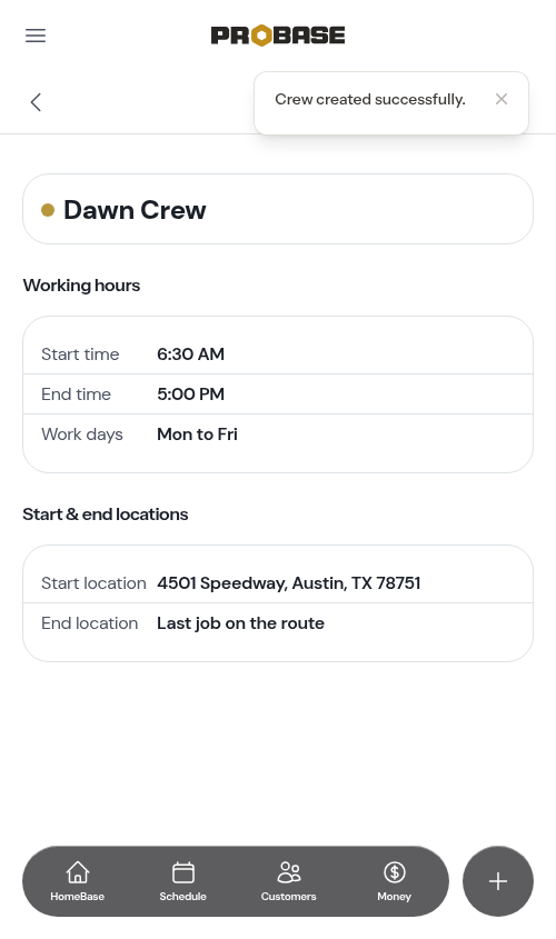 The crew page with an end time and work days