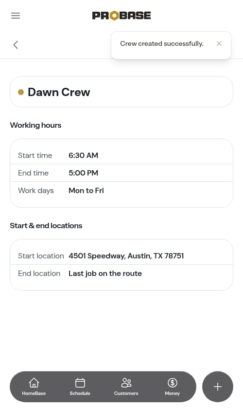 The crew page with an end time and work days