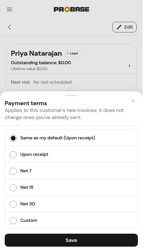 The Payment terms sheet for one customer