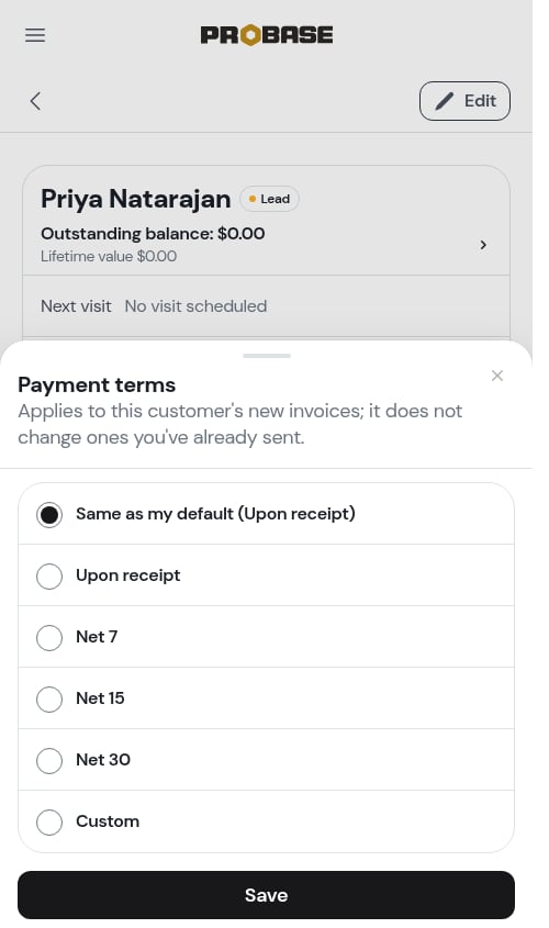The Payment terms sheet for one customer