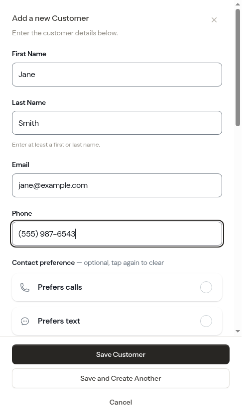Customer form filled