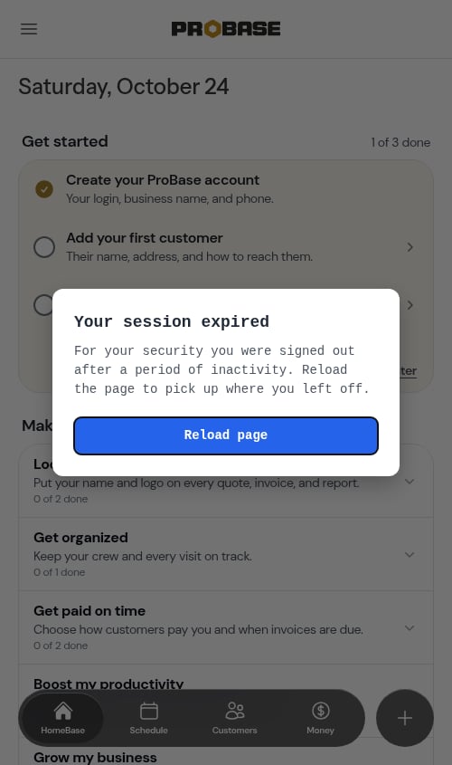 The friendly session-expired prompt with a Reload page button