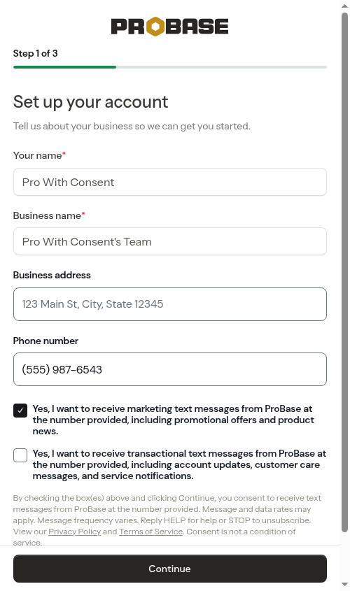 Pro version of the business step with SMS consent checkboxes