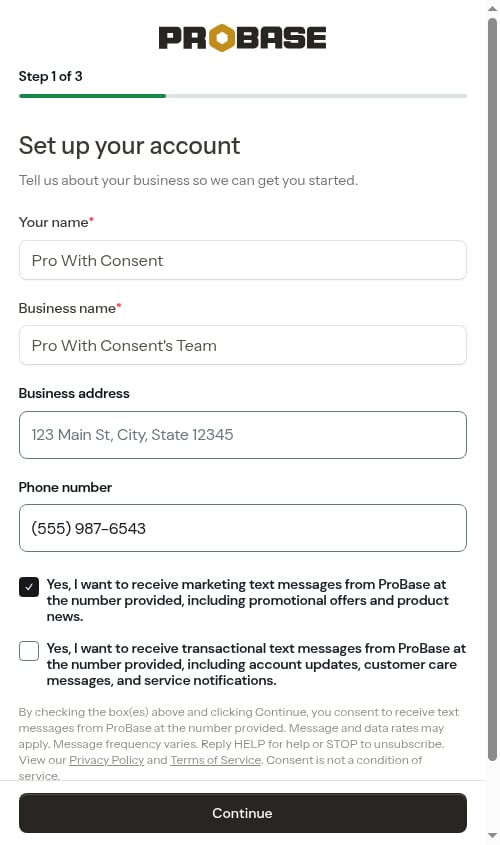 Pro version of the business step with SMS consent checkboxes