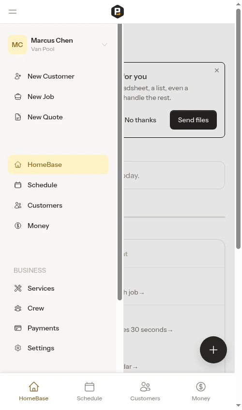 Side navigation drawer with the Probase wordmark at the bottom