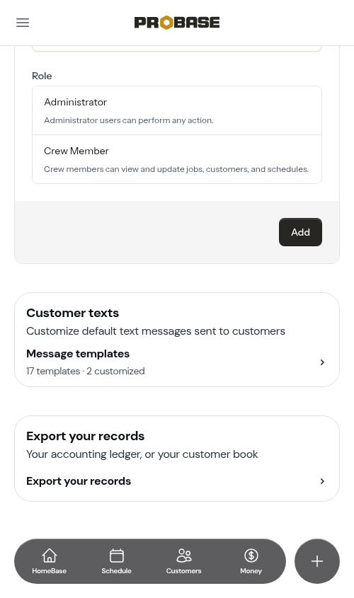 The Customer texts card on business settings