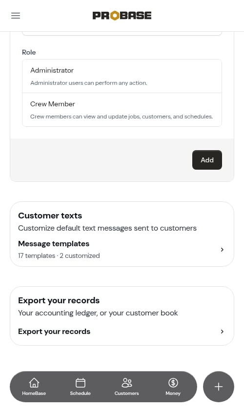 The Customer texts card on business settings
