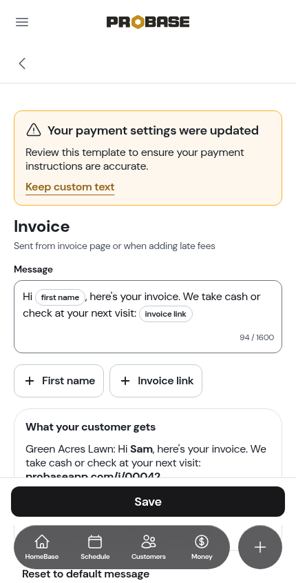 A template that needs review after a payment settings change