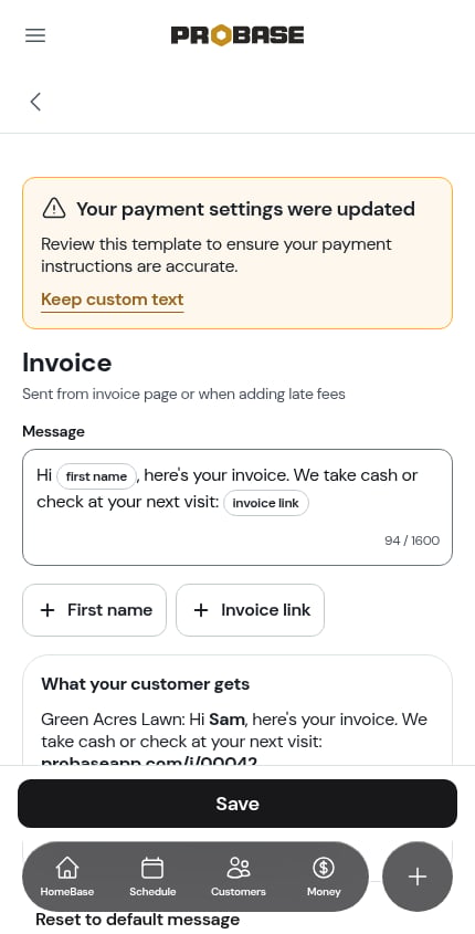 A template that needs review after a payment settings change