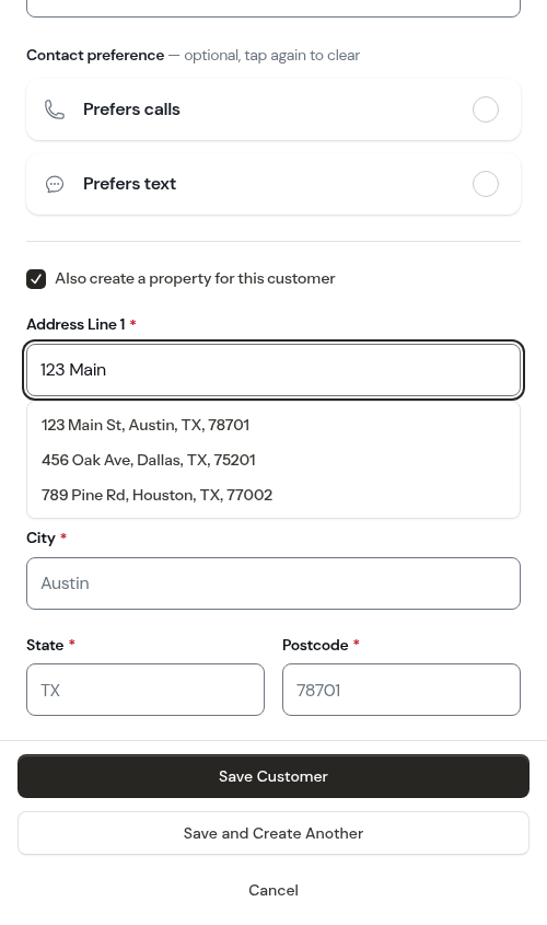 Address suggestions listed under the Address Line 1 field