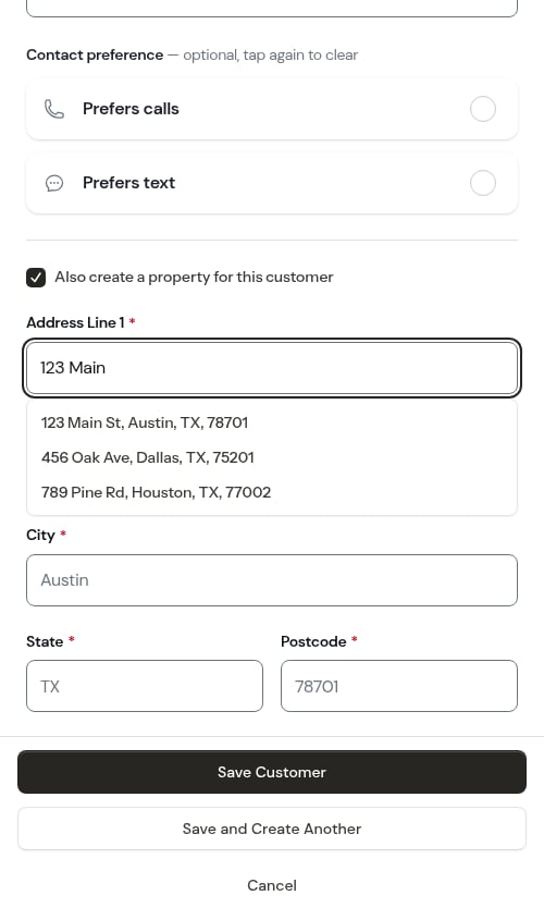 Address suggestions listed under the Address Line 1 field