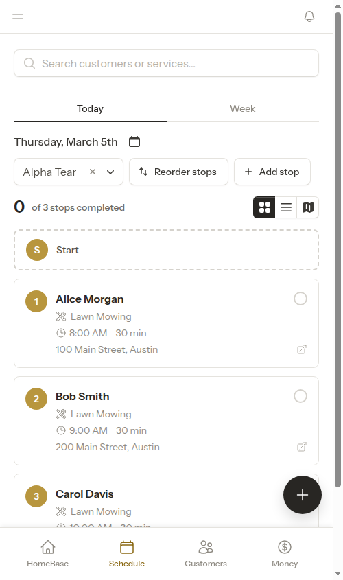 Calendar with crew selected and Reorder Stops button visible