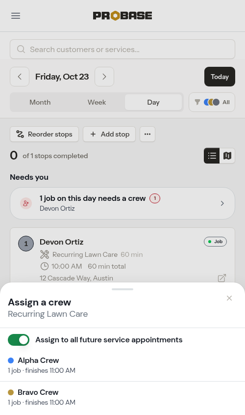 The assign-crew sheet opened from the stop card
