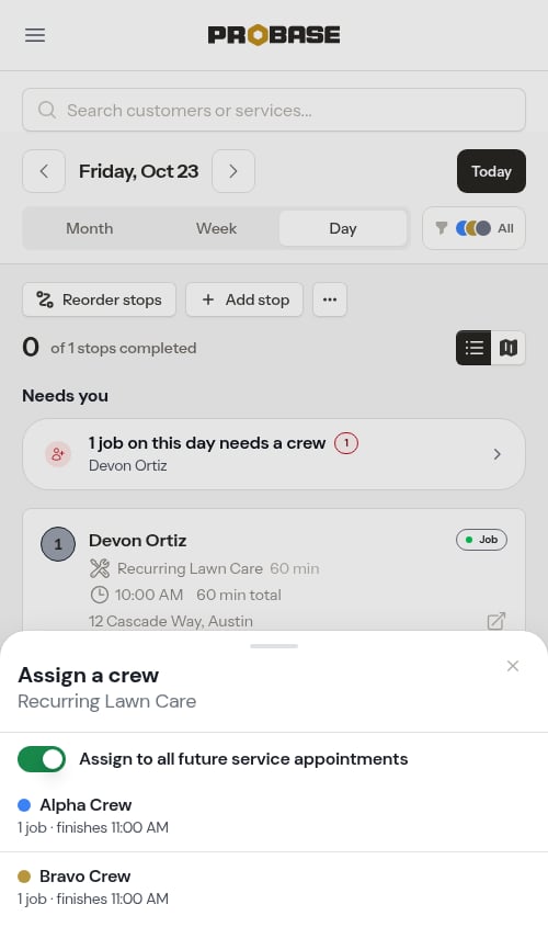 The assign-crew sheet opened from the stop card