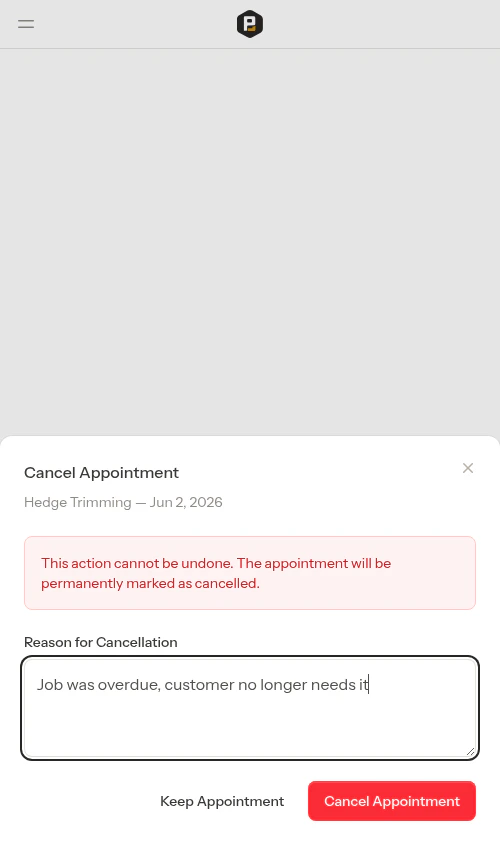 Cancel form with reason field