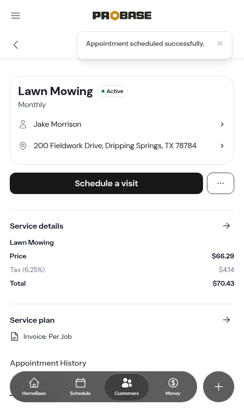 Service detail after scheduling