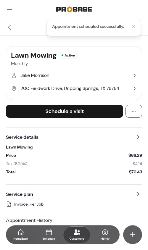 Service detail after scheduling