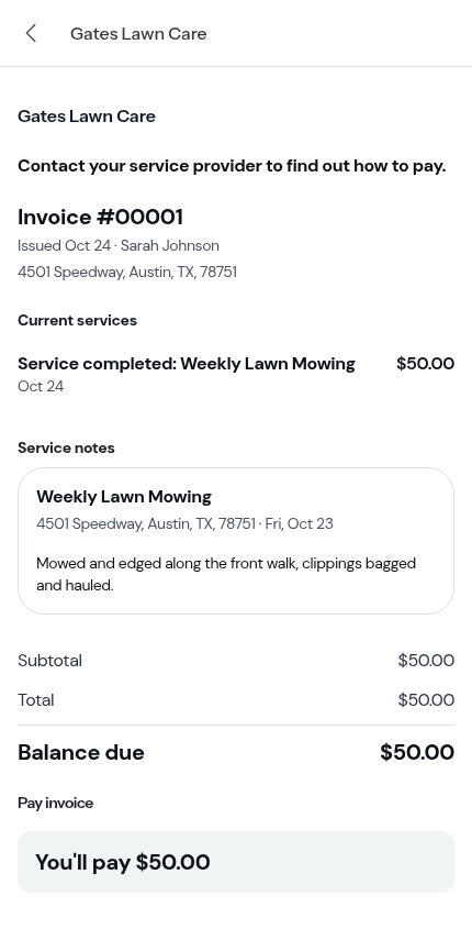 Pay opens the customer's invoice page