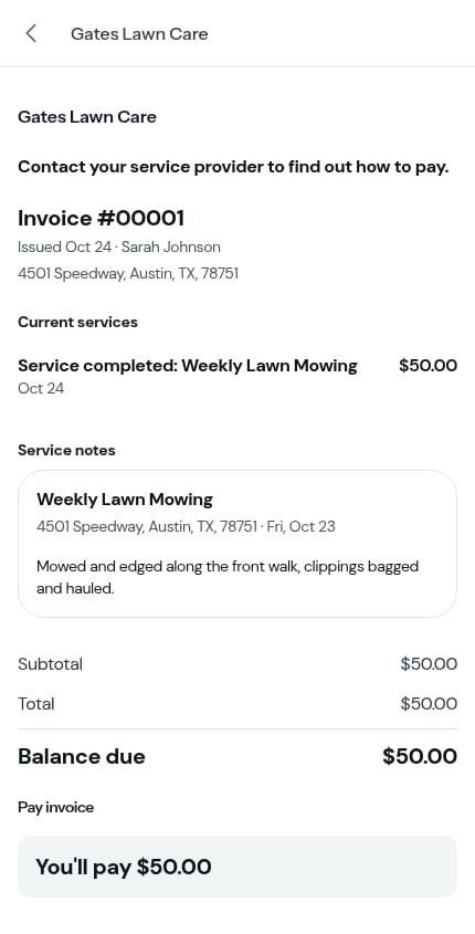 Pay opens the customer's invoice page
