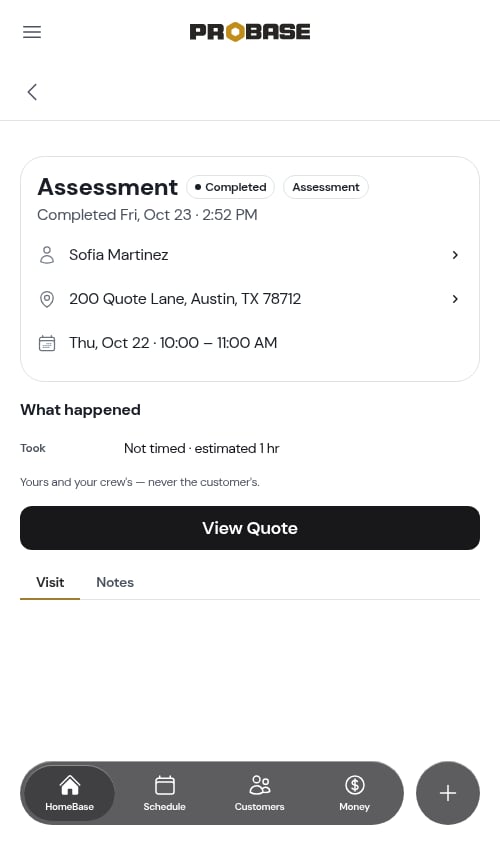 View Quote button on a completed assessment visit