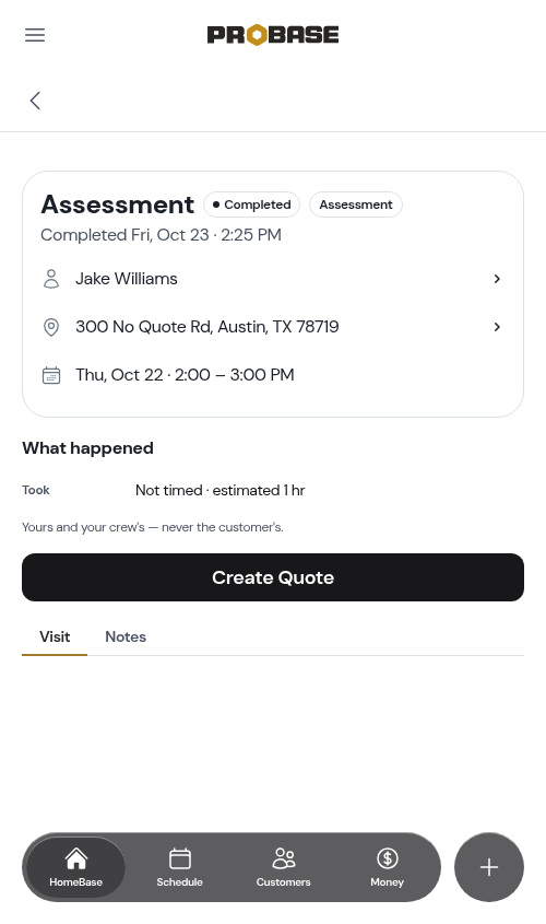 Assessment service page with Create Quote button