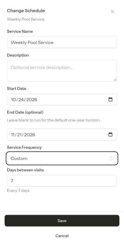 The Days between visits box revealed by picking Custom