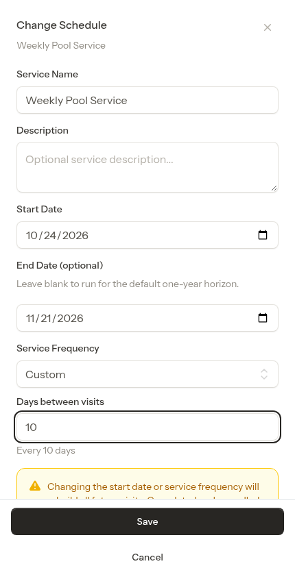 Custom frequency set to every 10 days in the Change Schedule modal