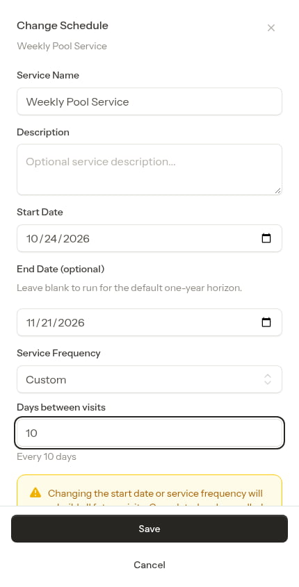 Custom frequency set to every 10 days in the Change Schedule modal