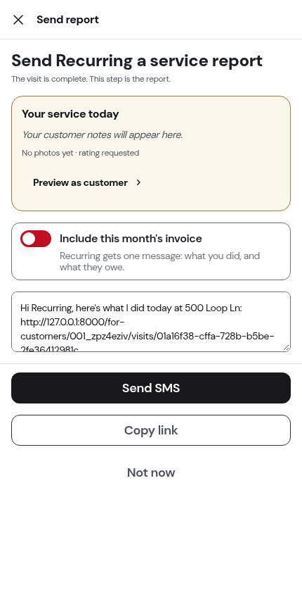 The send-report step opening over the completed visit