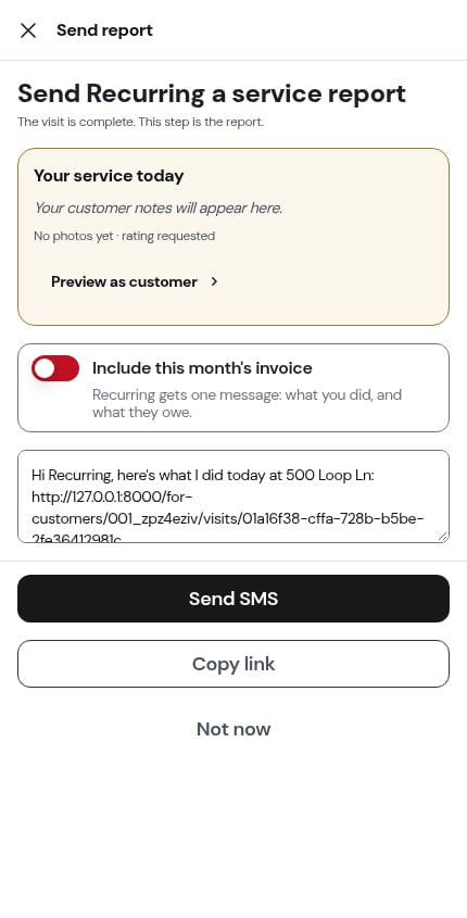 The send-report step opening over the completed visit