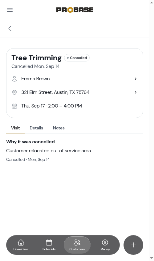 A cancelled visit's Visit tab
