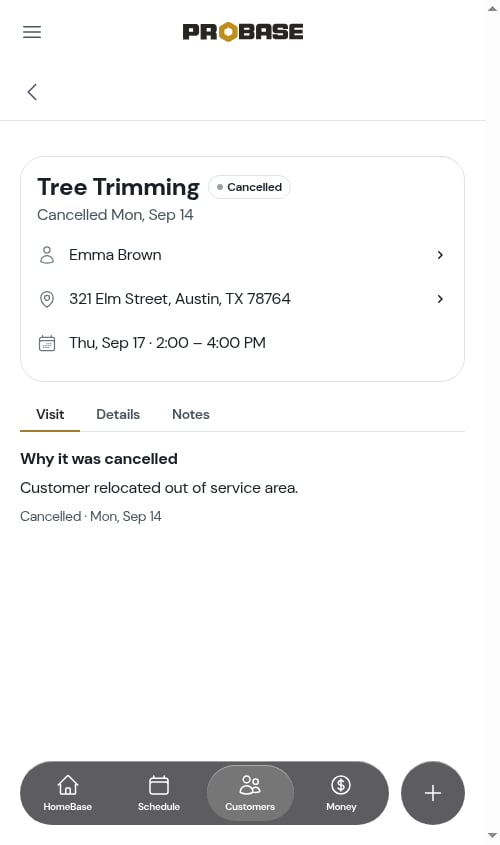 A cancelled visit's Visit tab