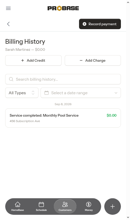 Completing a subscription appointment records a $0 visit entry — no charge is added