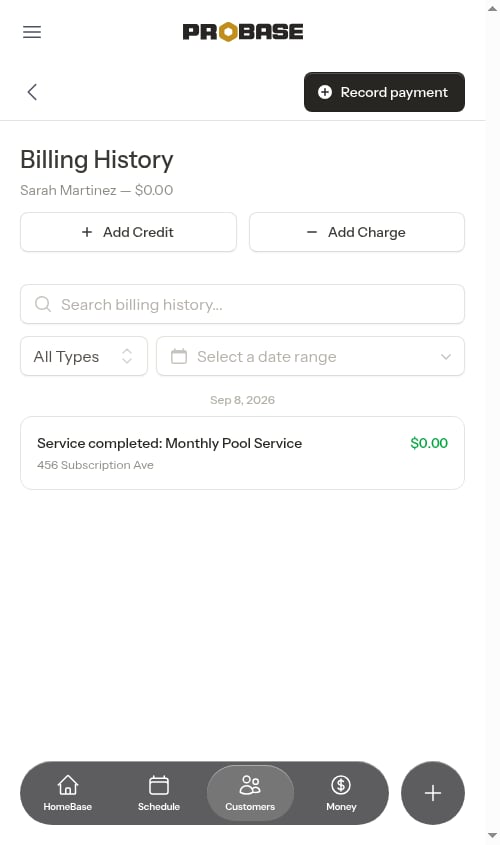 Completing a subscription appointment records a $0 visit entry — no charge is added