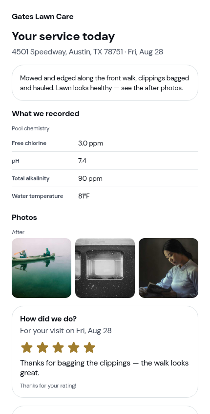 A report with checklist readings, photos and a rating already left