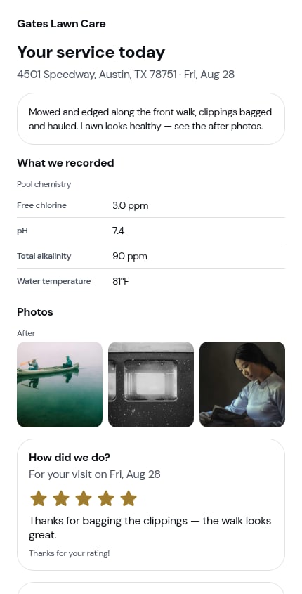 A report with checklist readings, photos and a rating already left