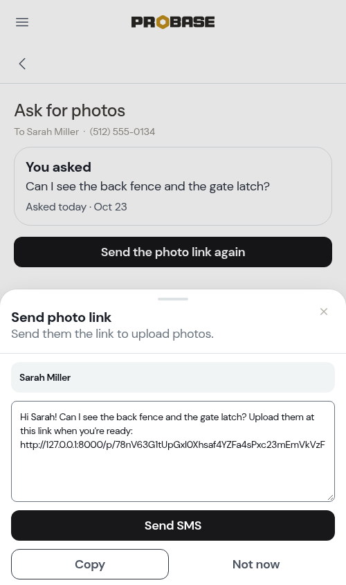 The send modal with the photo link