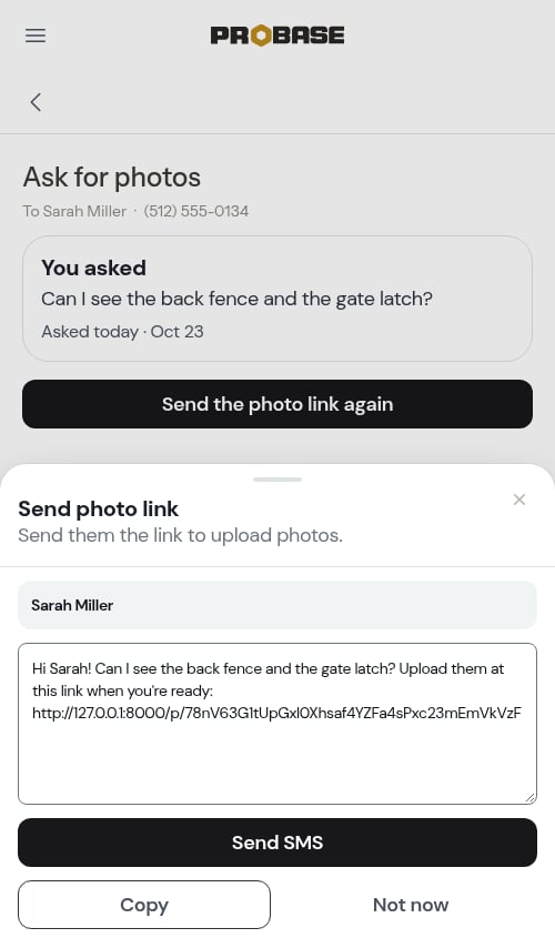 The send modal with the photo link