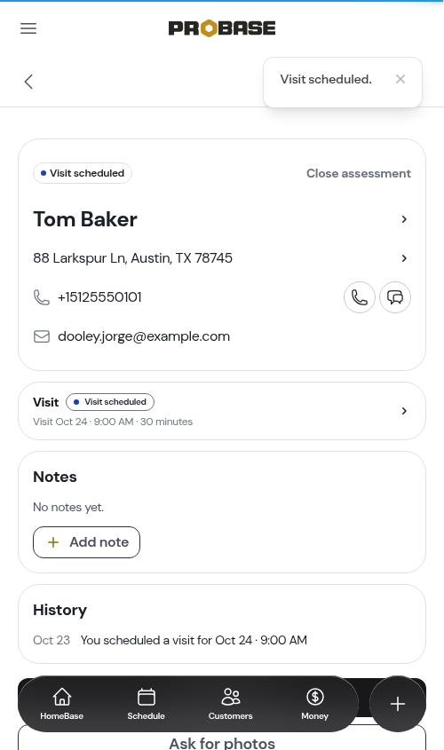 The booked visit on the assessment page