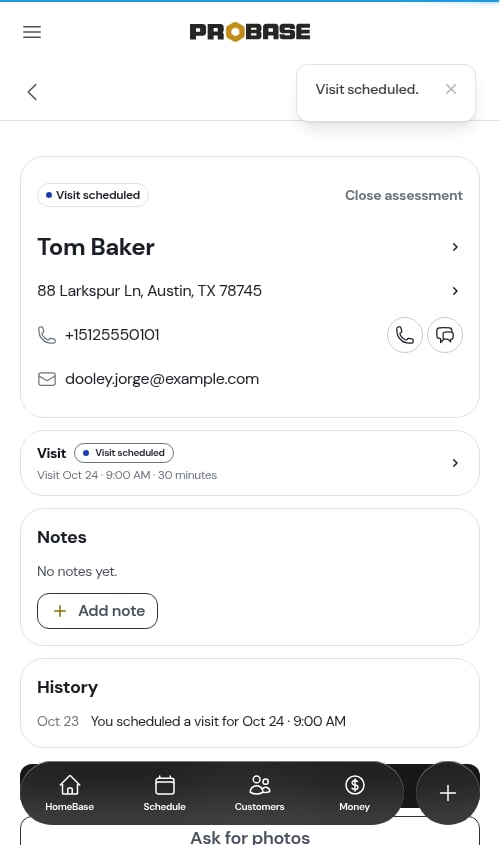 The booked visit on the assessment page